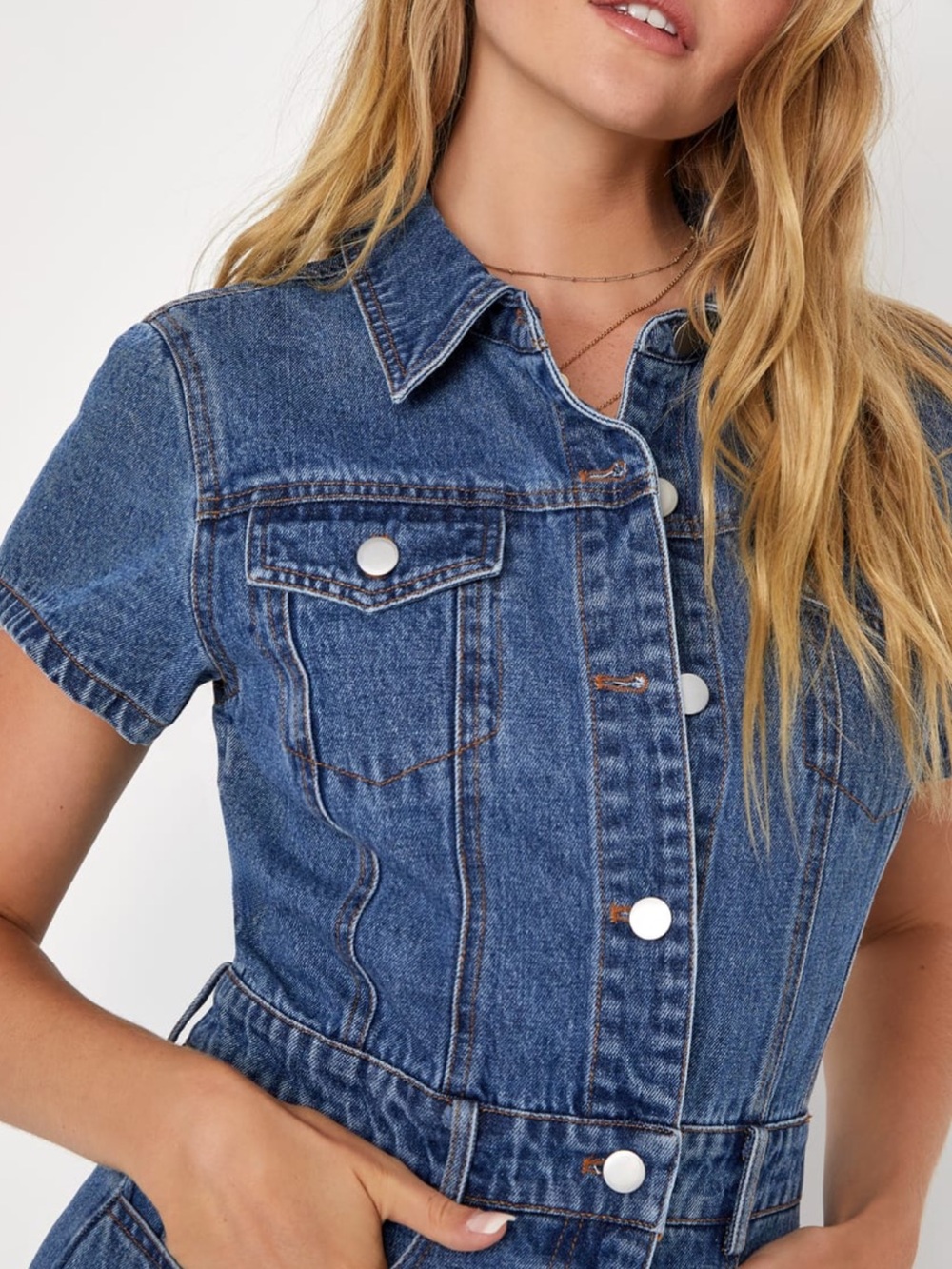 NWT Lulus Medium Wash Denim Mini Dress, Button Front, Short Sleeves, Size Small - Picture 16 of 16